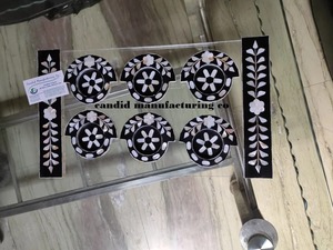 Mother of Pearl Acrylic Coaster Set with Plant Pattern Party Table Decor Stocked Floral <b>Black</b> and White Tray - Product Image 4