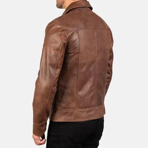 Custom Wholesale <b>Men</b> Genuine <b>Leather</b> <b>Jacket</b> Brown Slim Fit Biker Motorcycle Stand Front Waterproof Eco-Friendly Autumn Winter - Product Image 5