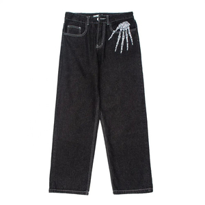 Jean en denim vintage streetwear pas cher pour homme, taille mi-haute, en coton, coupe ample, respirant, effet empilé, long, droit, délavé, à jambe large - Product Image 3