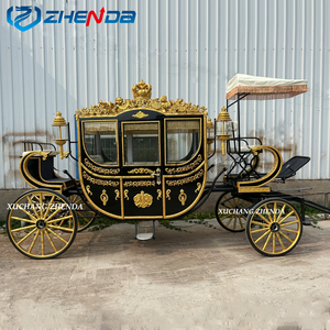 Magnifique calèche royale noire dorée à chevaux avec sculpture de couronne et auvent à franges, calèche vintage à quatre roues - Product Image 6