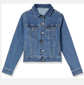 Veste en jean bleu classique pour femme, col rabattu décontracté, boutonnage frontal, couleur unie, coton délavé, coque en cuir véritable, coupe régulière - Product Image 1