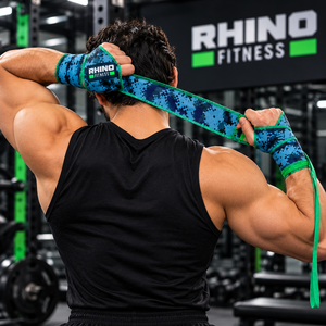สายรัดข้อมือ RHINO FITNESS ลายพรางสีน้ำเงิน ผลิตจากโพลีเอสเตอร์และผ้าฝ้าย พร้อมแถบตีนตุ๊กแกสำหรับยกน้ำหนัก เพาเวอร์ลิฟติ้ง และออกกำลังกายในยิม - Product Image 2