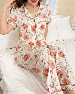 Women's Floral Print Short Sleeve Pajama Set 100% Cotton Button Front Sleepwear Casual Summer Loungewear Full Length <b>Pants</b> - Product Image 1