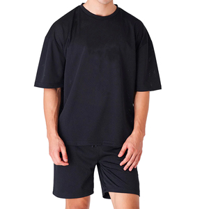 Stitchra Enterprises Men's Black Mesh T-Shirt and Shorts <b>Set</b> Casual Breathable Summer <b>Knitted</b> 100% Cotton 300g Seamless Fusing - Product Image 5