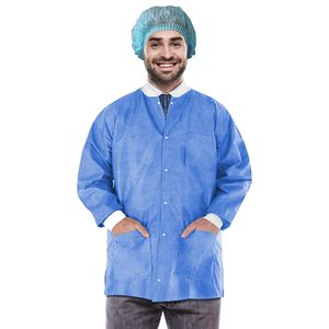 Giacca da laboratorio monouso blu medicale Unisex da 30 pollici lungo 50 Gsm SMS con 3 tasche a scatto con polsini frontali in maglia 100 abbigliamento da lavoro PPE - Product Image 1