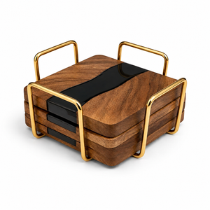 Modern <b>Square</b> Wooden Mats & Pads <b>Set</b> with Gold Frame Non-Slip Design for Home Kitchen Table - Product Image 1