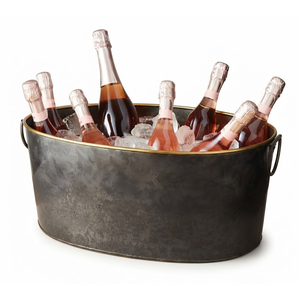 Bac à vin galvanisé au design vintage avec poignées en bois, seau à glace ovale en métal, refroidisseur, motif abeille en relief, pour boissons de fête - Product Image 3