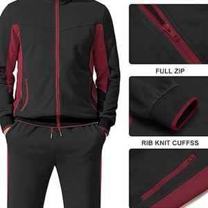 Survêtement Homme Noir et Rouge à Manches Longues, Col Roulé Zippé, Coupe Sportive Classique, Respirant, pour l'Automne, Couleur Unie, Poches Latérales - Product Image 2