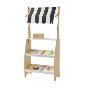 Juguete de Madera para Niños, Puesto de Mercado, Juego de Imitación de Tienda de Comestibles con Toldo Blanco y Negro, Pizarra, Cajas, Juego Educativo de Roles - Product Image 1