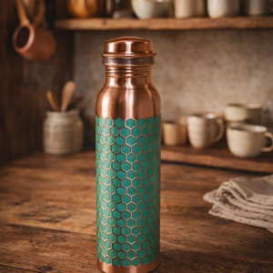 Premium Printed <b>Copper</b> <b>Drinking</b> <b>Bottle</b> Teal Honeycomb Design Reusable Water <b>Bottle</b> with Decorative <b>Copper</b> Finish and Lid - Product Image 5