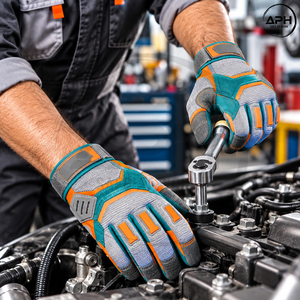 Gants de mécanicien gris, orange et turquoise en tissu respirant, à doigts complets, avec fermeture réglable, pour le travail - Product Image 6