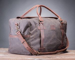 Custom Logo Genuine Leather Waxed <b>Canvas</b> Travel Bag Large Capacity Men Outdoor Duffel Overnight <b>Holdall</b> Bag LCTB-0045 - Product Image 4