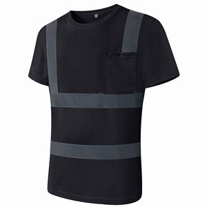 T-shirt de sécurité réfléchissant fluorescent noir pour homme, vêtements de travail haute visibilité, manches courtes avec poche poitrine, 100% coton respirant - Product Image 5