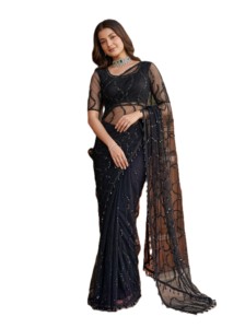 Sari indio tradicional de diseño, negro, con blusa de red, elegante y moderno, para fiestas, de secado rápido, para mujer, de verano. - Product Image 2