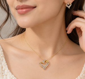 14K 18K Yellow Gold 0.90ctw Open Heart Necklace Classic EF Color VVS Necklace Lab Created Diamond Double Heart Pendant Necklace - Product Image 4