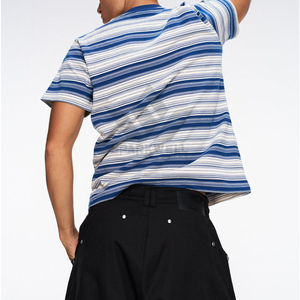 Camiseta de Manga Corta a Rayas para Hombre, Cuello Redondo, Tejida, Casual, Corte Regular, Azul y Blanco, Estampada - Product Image 5