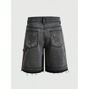 Shorts en jean pour homme ornés de strass et de cristaux, coupe décontractée, style streetwear, longueur genou, pour l'été - Product Image 2