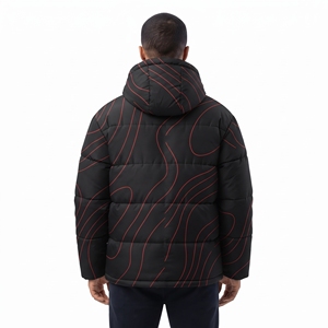 Men's <b>Black</b> Puffer <b>Jacket</b> With Red Custom Sublimated Print Hooded Winter Coat Regular Fit Casual Style Winter Outerwear - Product Image 3