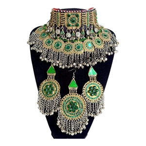 Ensemble de bijoux afghans traditionnels faits à la main en 4 pièces pour mariage et fête, collier ras du cou, boucles d'oreilles, tikka, acier inoxydable - Product Image 1