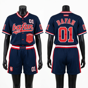 Ensemble short et maillot de baseball en mesh premium 250 GSM, bleu marine avec panneau latéral rouge, logo brodé, pour femmes - Product Image 1
