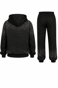 Ensemble de survêtement unisexe noir uni en coton 100% écologique et respirant avec strass, sweat à capuche et pantalon de jogging à cordon de serrage - Product Image 3