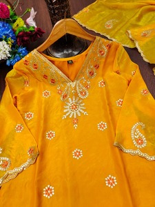 Women Yellow Embroidered Silk <b>Kurta</b> with Sequin Floral Work Dupatta Traditional <b>Indian</b> Pakistani Ethnic Party Wear - Product Image 3