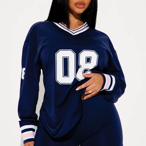 Maillot de football personnalisé à manches longues, rétro, haute qualité, col en V, vêtements de football, maillot de football américain bleu personnalisé - Product Image 1