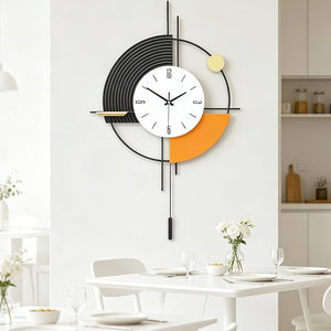 Reloj de pared contemporáneo con marco lineal de metal y péndulo, con semicírculos naranja y negro, disponible a precios de mayorista. - Product Image 1
