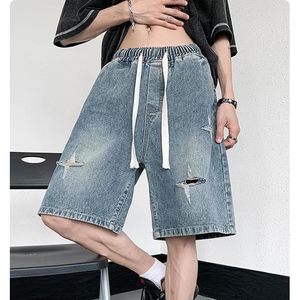 Shorts en jean pour homme, taille élastique, déchirés, style décontracté, 100% coton, tissu en laine, shorts vintage - Product Image 5