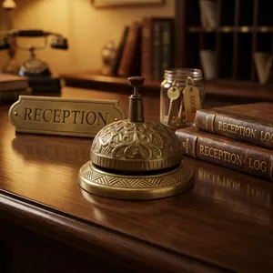 Antique <b>Brass</b> Service <b>Bell</b> Embossed Dome Call <b>Bell</b> Vintage Desk Counter <b>Bell</b> Decorative Tabletop <b>Bell</b> Hotel Restaurant Reception - Product Image 2