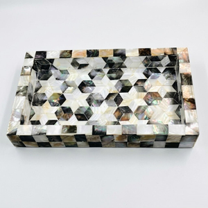 Plateau de service rond en nacre noire et blanche, mosaïque géométrique, plateau décoratif en nacre pour table basse et décoration de maison de luxe - Product Image 4