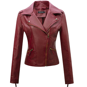 Veste d'hiver pour femme en cuir véritable rouge, coupe slim, col rabattu, fermeture éclair, longueur normale, couleur unie - Product Image 1