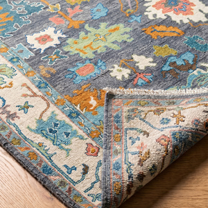 Tapis en laine noué à la main, motif floral classique, gris, bleu, multicolore, rectangulaire, à poils plats, durable, pour la maison - Product Image 6