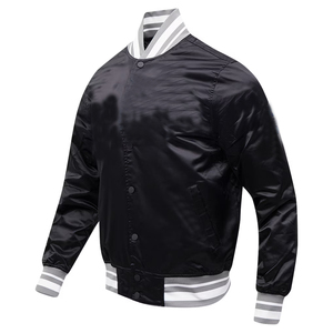 Veste universitaire noire en satin pour homme avec col et poignets à rayures grises, coupe classique, fermeture boutonnée, logo sur la manche gauche - Product Image 3