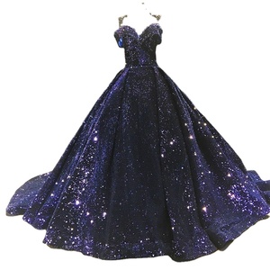 Vestido de Gala Azul Marino Brillante con Lentejuelas y Encaje, Escote en V, Manga Larga, Asimétrico, Formal, con Cremallera Trasera, Perlas y Flores, Corte en A - Product Image 1