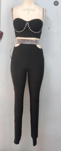 Seksi Siyah Taşlı İki Parçalı, Bel Kesimli Dar Kesim Crop Top ve Pantolon, Kadınlar için Parti Kulübü Gecesi için Göz Alıcı Bandaj Kıyafeti - Product Image 5