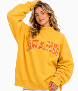 Sweat-shirt jaune à col rond pour femme, surdimensionné, avec appliqué de lettres de marque, en coton tricoté, décontracté pour l'automne - Product Image 4