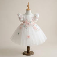 Robe de Demoiselle d'Honneur Artisanale en Satin Ivoire Uni, Faite à la Main avec Appliques 3D de Fleurs Roses, Manches Bouffantes en Tulle, Style Princesse pour Mariage et Anniversaire