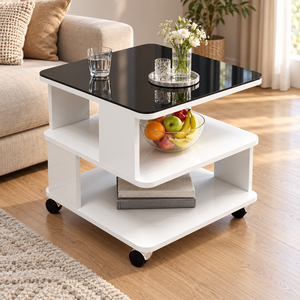 Table basse carrée moderne avec roulettes, étagère de rangement à 3 niveaux, table d'appoint roulante, meubles de salon noir et blanc - Product Image 4
