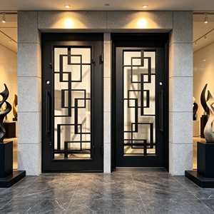 Porte d'entrée contemporaine en fer forgé avec un panneau en verre géométrique, construction résistante à la rouille et assemblage facile. - Product Image 4