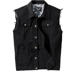 Custom Men's Summer <b>Black</b> 100% Cotton <b>Denim</b> Sleeveless <b>Vest</b> Raw Edge Biker Casual Streetwear Waistcoat - Product Image 1