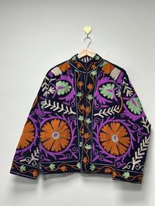 Ethnic Dark Blue <b>Velvet</b> Suzani Embroidered <b>Jacket</b> with Floral Pattern Full Sleeve Stand Collar Women's Autumn Outerwear - Product Image 3