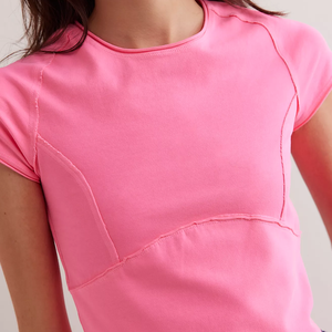 Best Quality Contour Cap Sleeve Crop Top Tummy Control Gym Workout Custom Logo Pink Solid Women O-Neck Slim Fit Stylish T-Shirt - Product Image 3