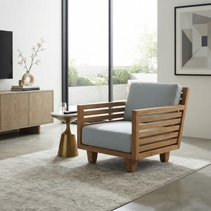 Sofá individual minimalista de madera de teca maciza de primera calidad, sillón individual para sala de estar con cojín gris azul claro. - Product Image 3