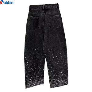 Jeans pour femmes vintage, ornés de strass brillants, style streetwear, nouvelle mode, taille haute, délavé rétro, coupe ample, avec strass thermocollés - Product Image 5