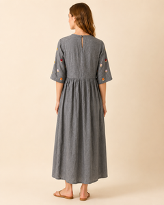Vestido Maxi Casual de Algodón Bordado para Mujer, Manga Tres Cuartos, Estilo Vintage para Vacaciones - Product Image 2