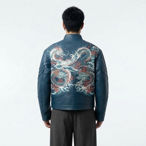 Blouson aviateur en cuir véritable bleu, col mandarin, dragon brodé à la main, style chinois, fermeture éclair sur le devant - Product Image 2