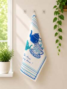 Blue & White Teapot Printed Kitchen Tea <b>Towel</b> | Vintage Tea Time Design Dish <b>Towel</b> | Decorative Linen Kitchen <b>Hand</b> <b>Towel</b> - Product Image 2