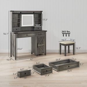 Rosewood <b>Makeup</b> <b>Vanity</b> Desk Set with Mirror and Lights Cushioned Stool Storage Drawer Cabinet Shelves for Bedroom Gray - Product Image 2