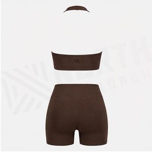 Ensemble de yoga 2 pièces North Approach : Crop top dos nu et short taille haute, marron uni, respirant, sans coutures, vêtements de sport - Product Image 2